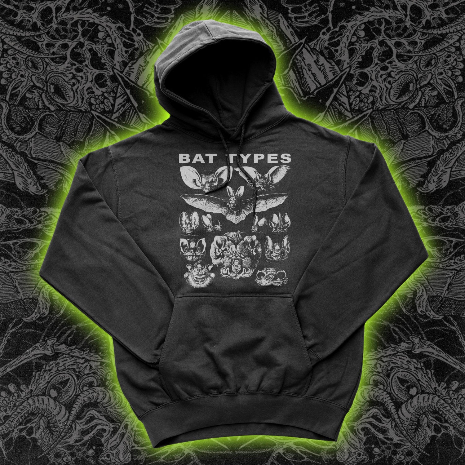 Bat Types Hoodie Occult Cult and Obscure Clothing and Tshirts Night Channels Black Large