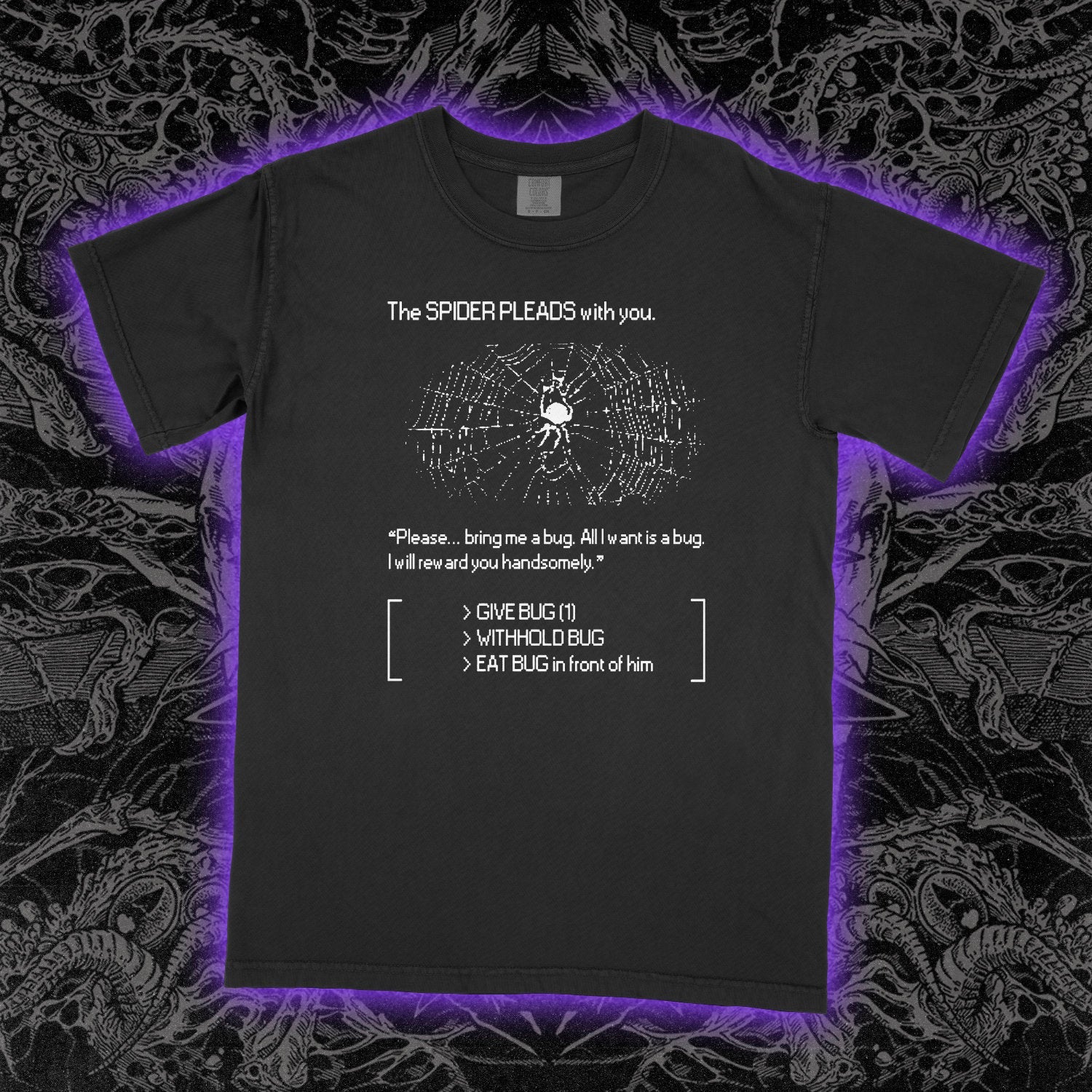 Spider Pleads Text Adventure Comfort Colors Black Tee